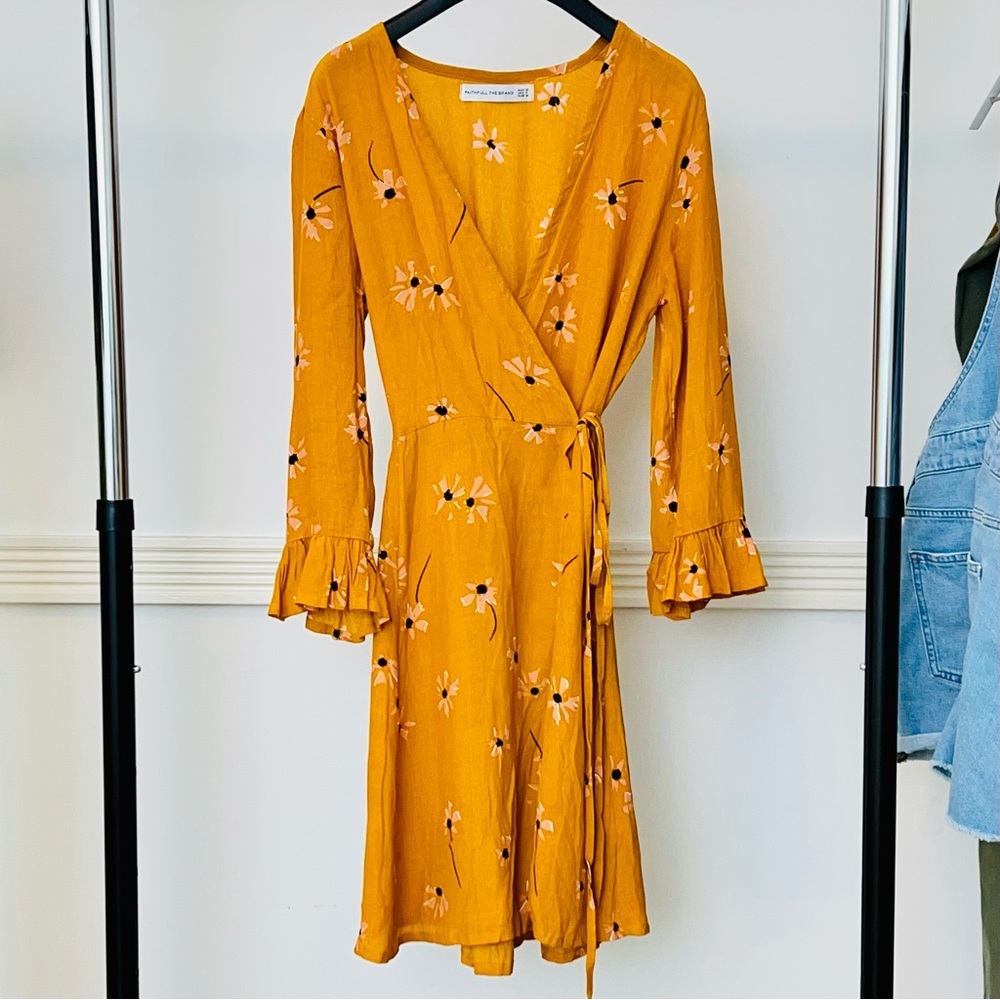 Faithfull the Brand Mustard Yellow Floral Wrap Mini Dress